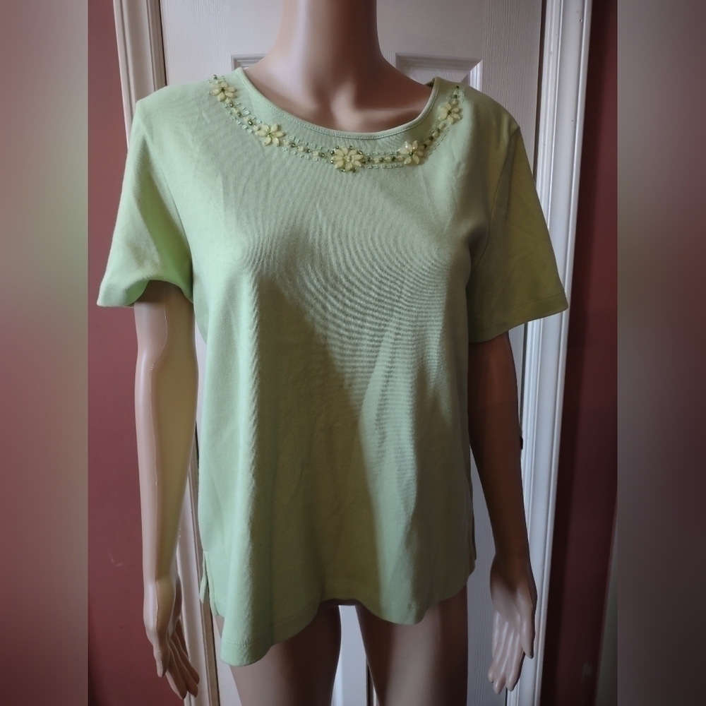 Alfred Dunner petite medium green beaded blouse shirt top